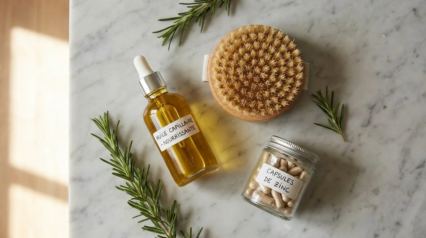 Accessoires et actifs naturels pour un rituel booster de pousse cheveux