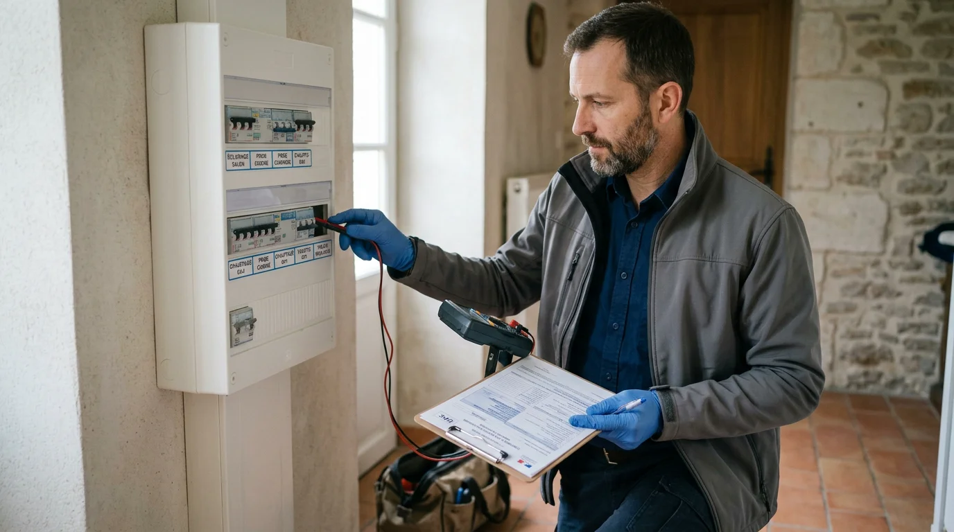 Diagnostiqueur inspectant l'installation électrique d'une maison