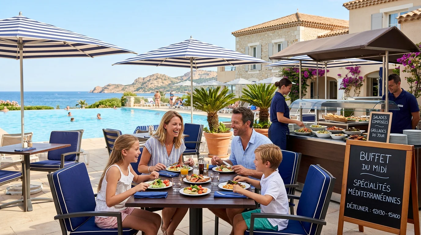 Famille européenne profitant d'un buffet en formule tout compris au bord d'une piscine