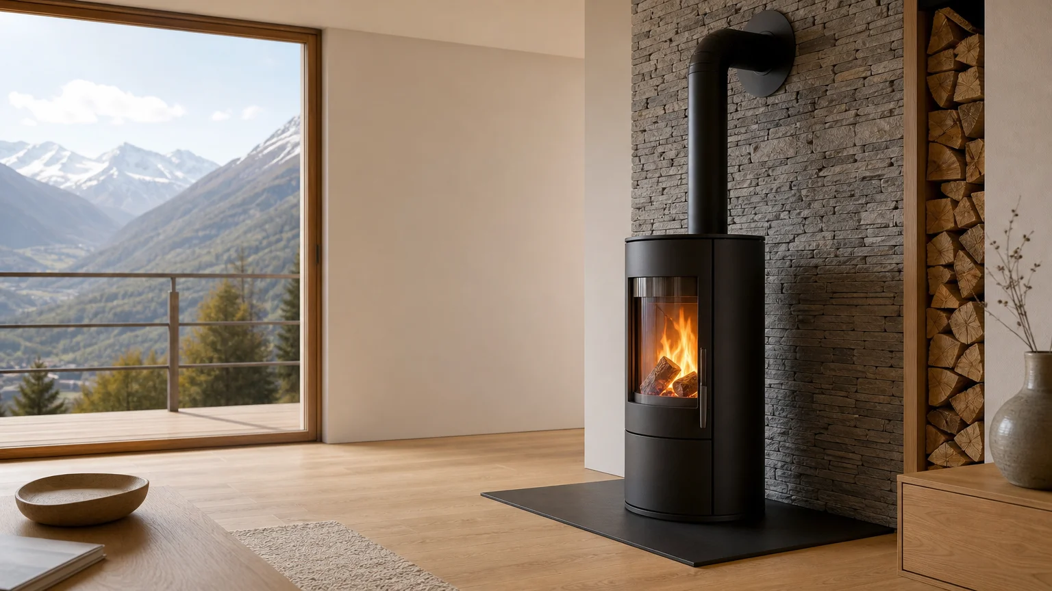 Poêle à bois installé dans un intérieur résidentiel du Valais