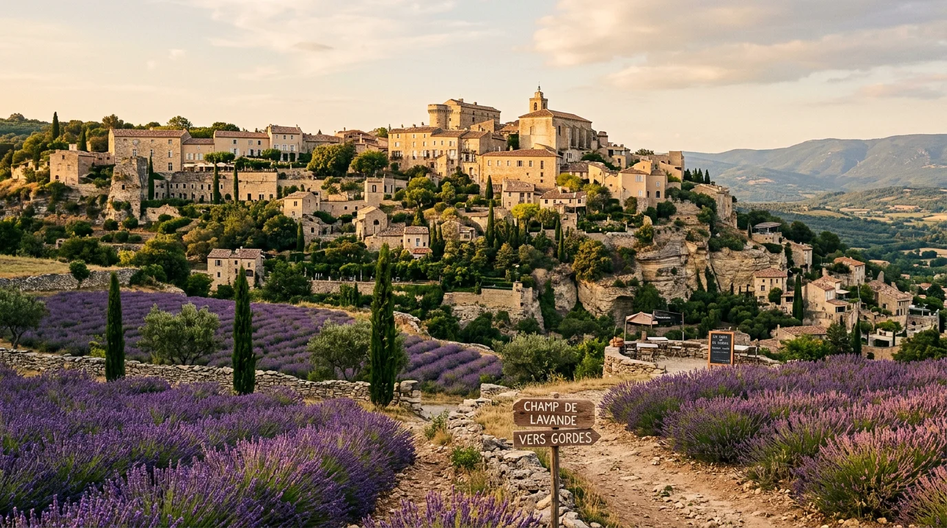 Village perché du Luberon entouré de champs de lavande au coucher du soleil