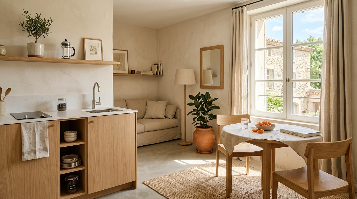 Studio moderne avec kitchenette et lumière naturelle pour un séjour en Luberon