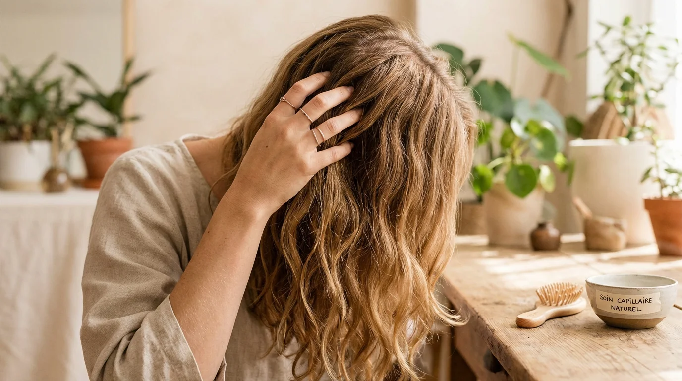 Femme aux cheveux longs et sains touchant sa chevelure sous une lumière naturelle
