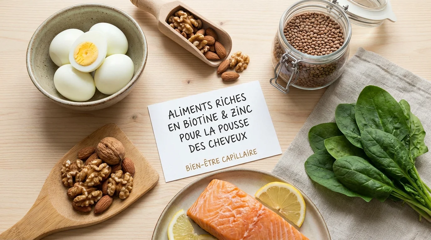 Aliments riches en biotine et zinc disposés sur une table en bois pour favoriser la pousse des cheveux