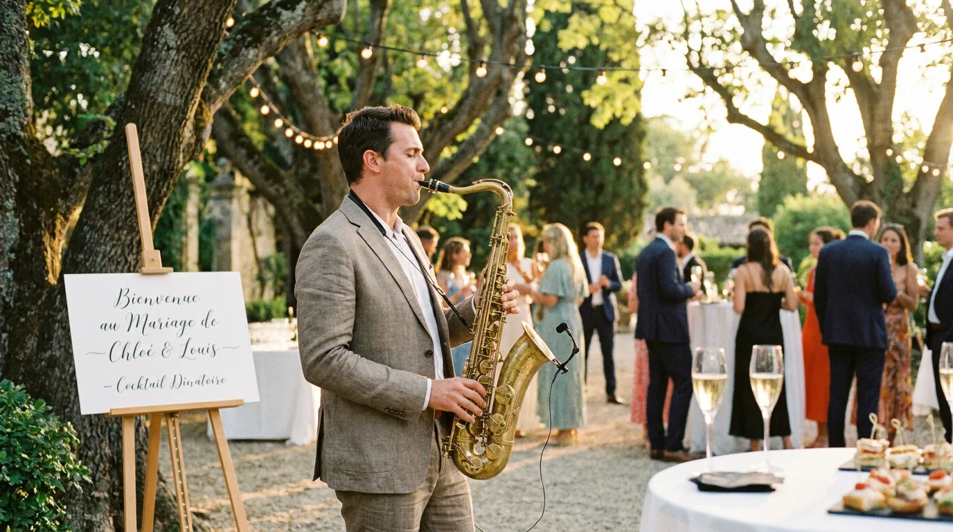 Saxophoniste jouant lors d'un cocktail de mariage en extérieur dans un jardin en France