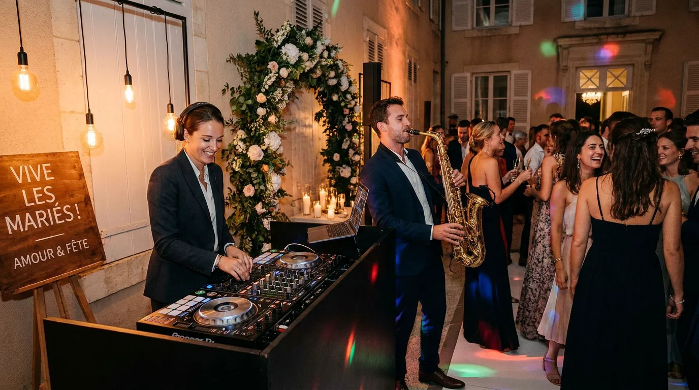 DJ et saxophoniste jouant ensemble lors d'une soirée de mariage en France