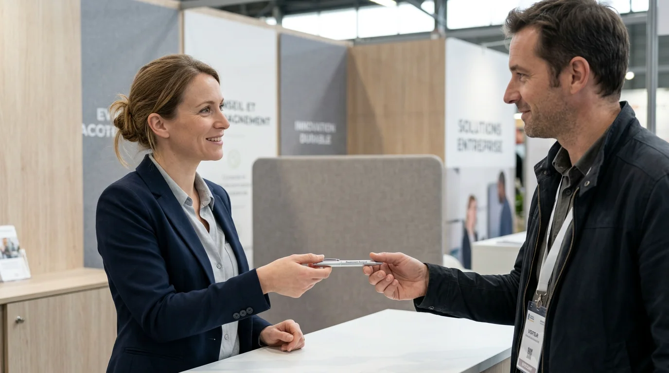 Remise d'un stylo publicitaire en aluminium recyclé sur un stand de salon professionnel