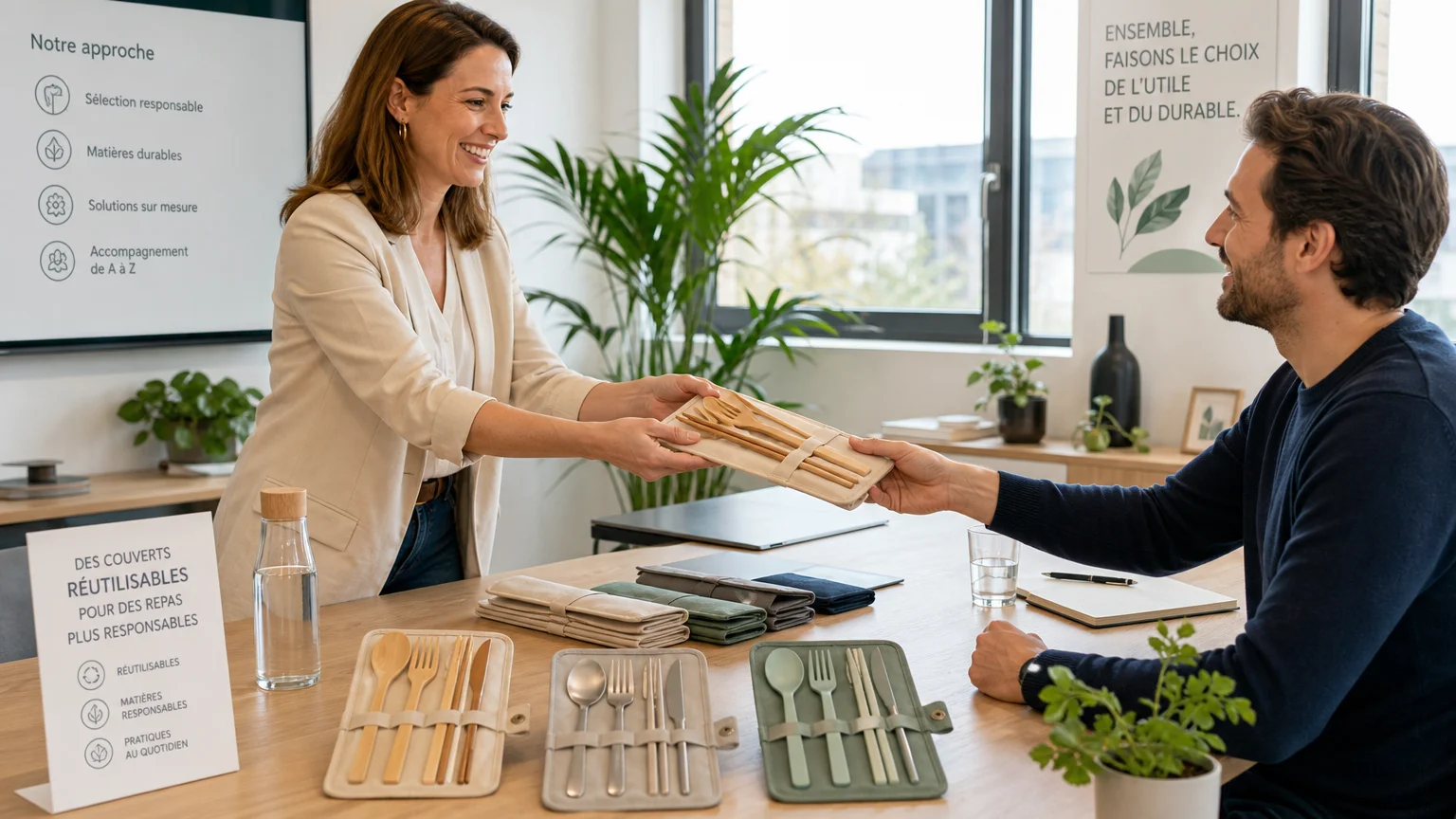 Comparaison de sets de couverts réutilisables en bambou, inox et PP dans un contexte professionnel