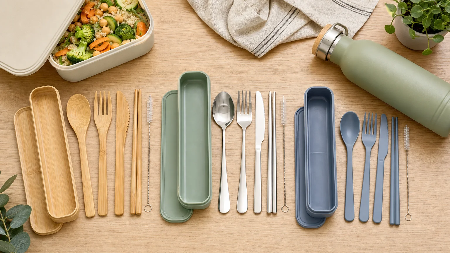 Sets de couverts réutilisables avec étuis, lunch box et accessoires d’entretien