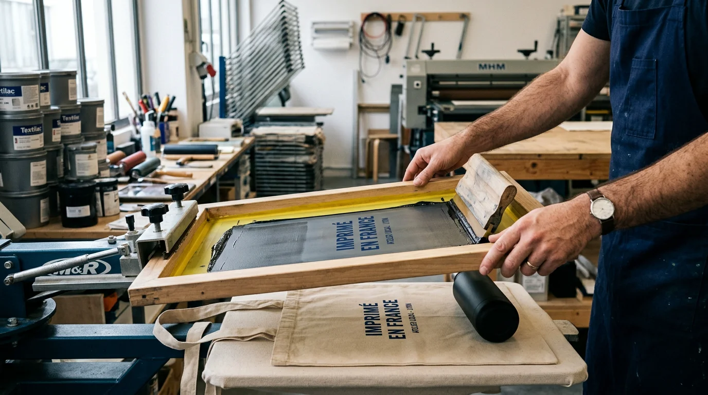 Marquage par sérigraphie d'une gourde et d'un tote bag en atelier