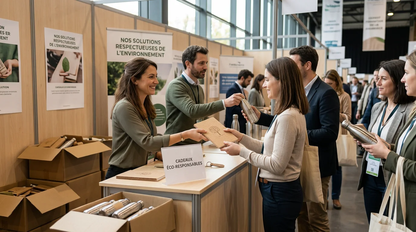 Distribution de goodies éco-responsables personnalisés sur un salon professionnel