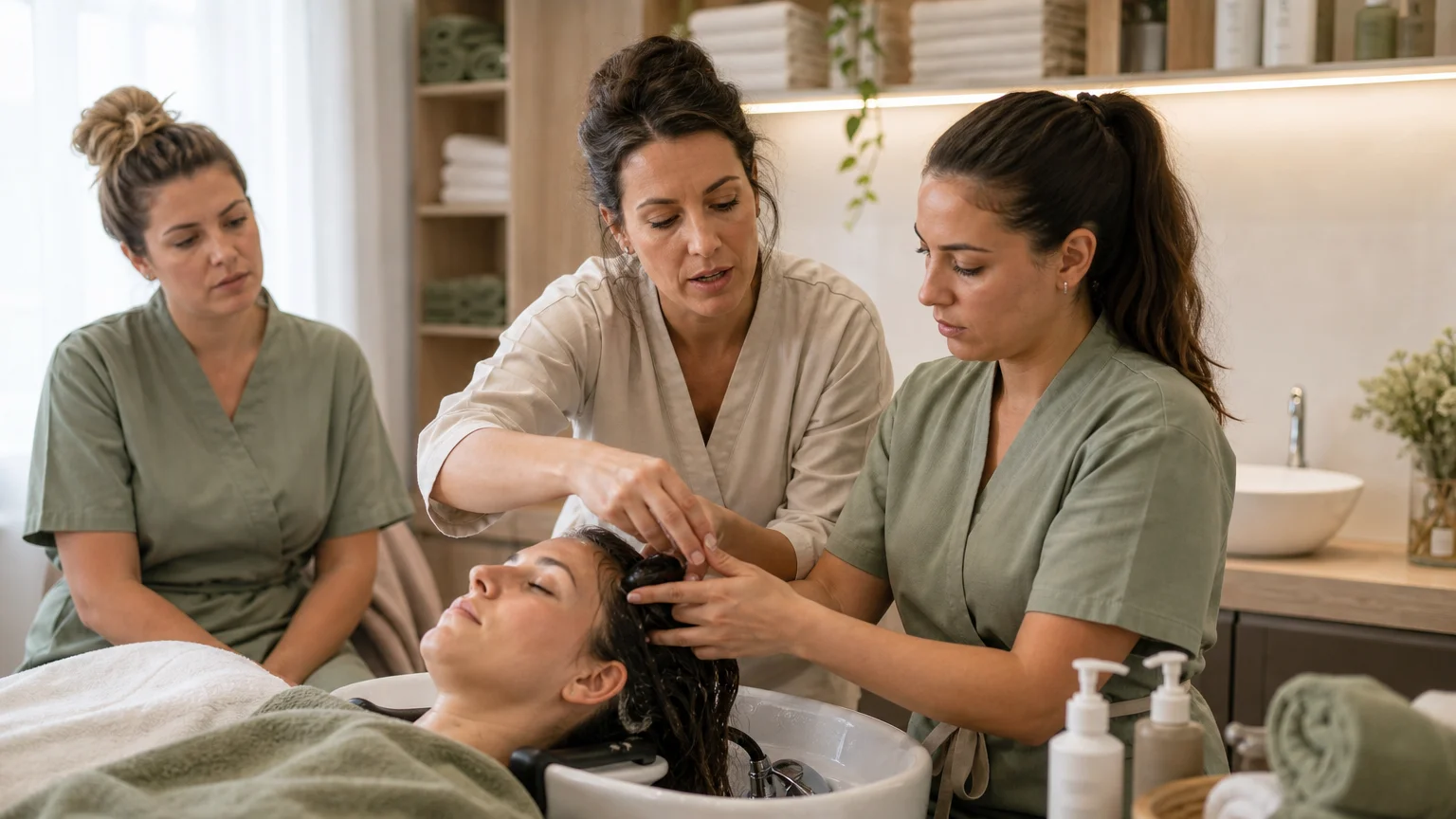 Formatrice corrigeant les gestes d’une stagiaire pendant une formation Head Spa