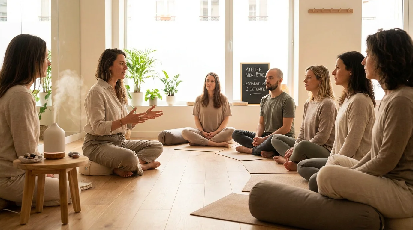 Thérapeute holistique animant un atelier de groupe pour diversifier ses revenus
