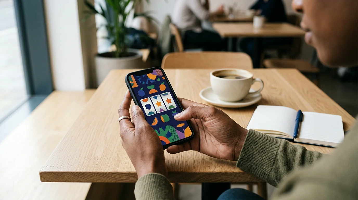 Hands holding a smartphone showing an abstract slot reel at a cafe table