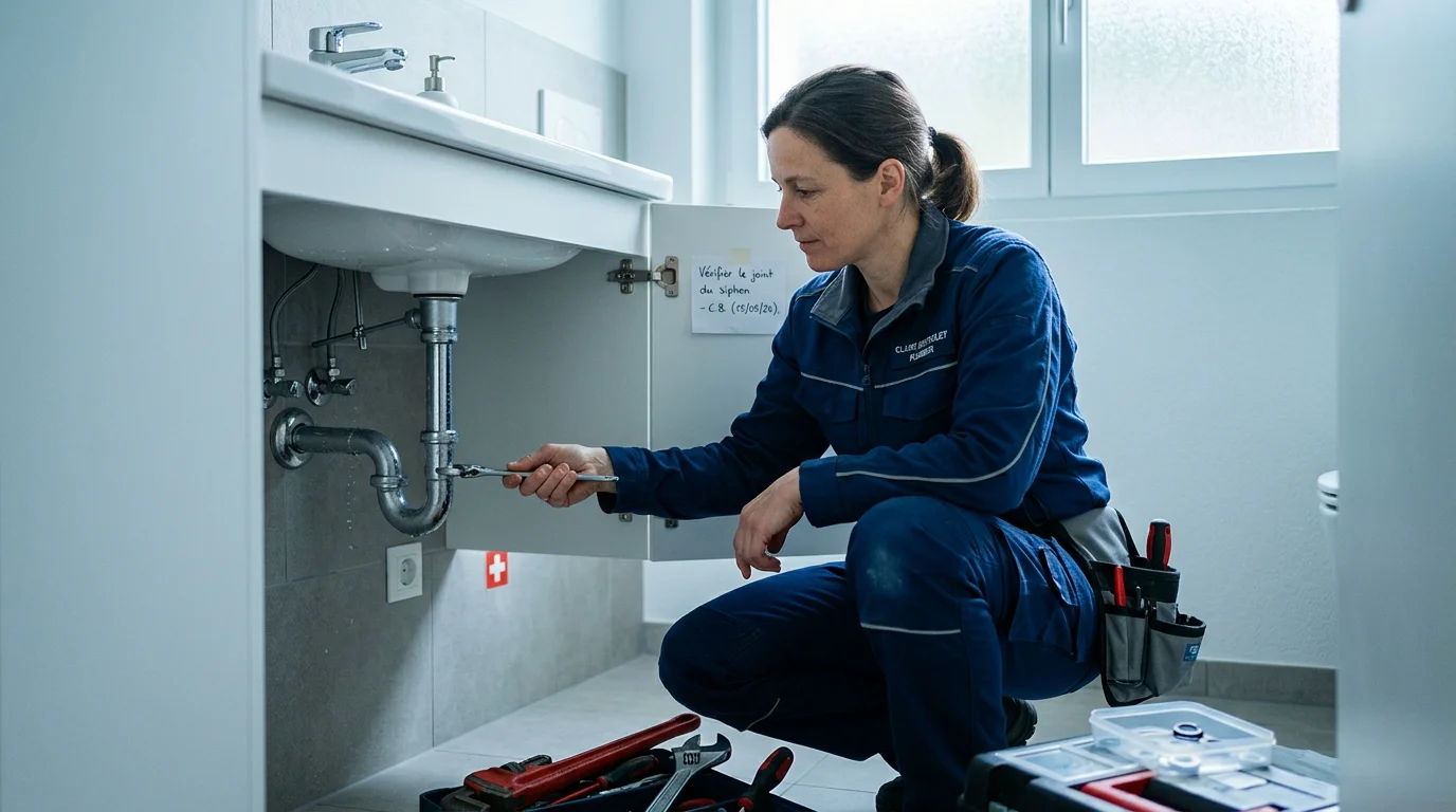 Plombier inspectant une fuite sous un lavabo lors d'une intervention d'urgence