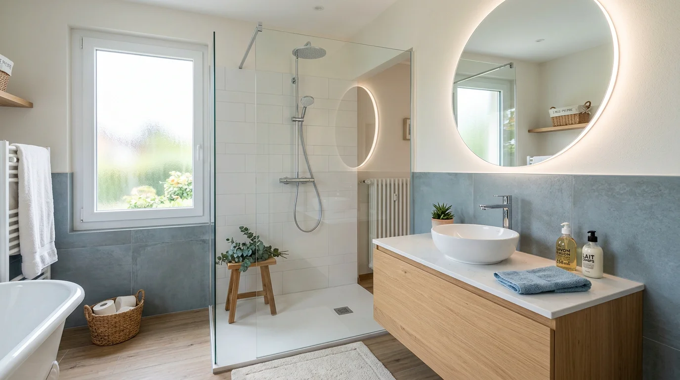 Salle de bain moderne rénovée avec douche à l'italienne et meuble vasque
