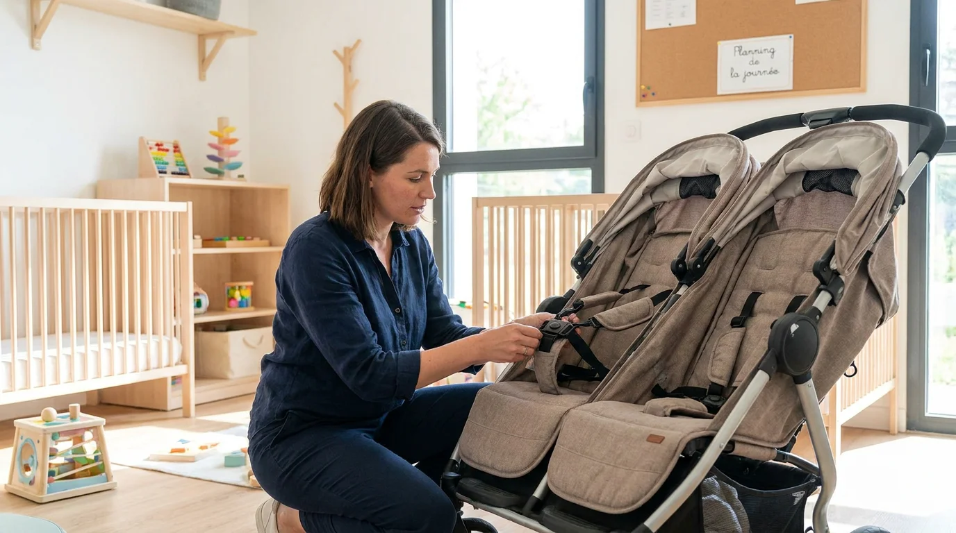 Professionnelle de la petite enfance inspectant une poussette multi-places dans une crèche