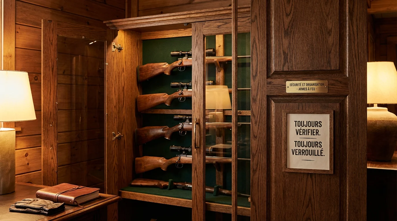 Armoire forte contenant des fusils de chasse et carabines de catégorie C rangés en sécurité