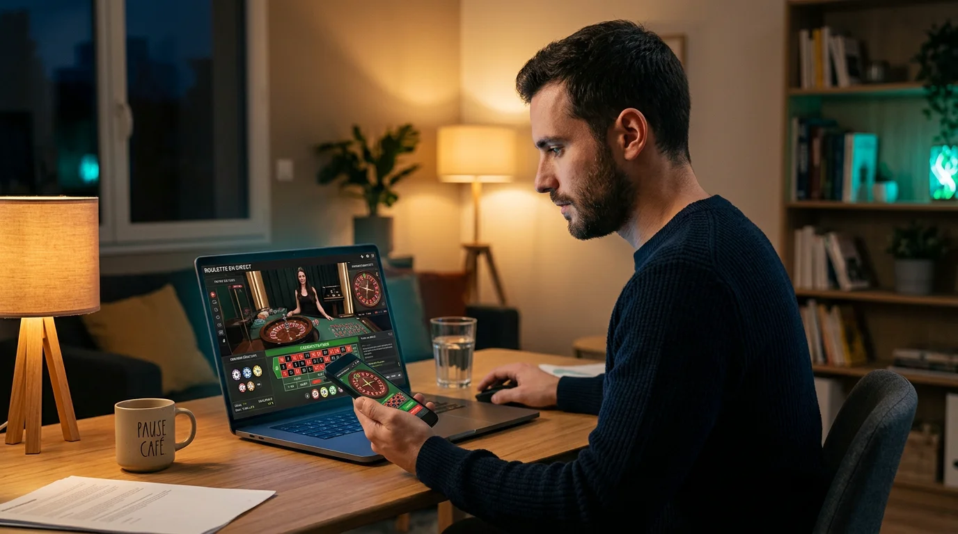 Joueur testant un casino en direct sur ordinateur et smartphone à domicile