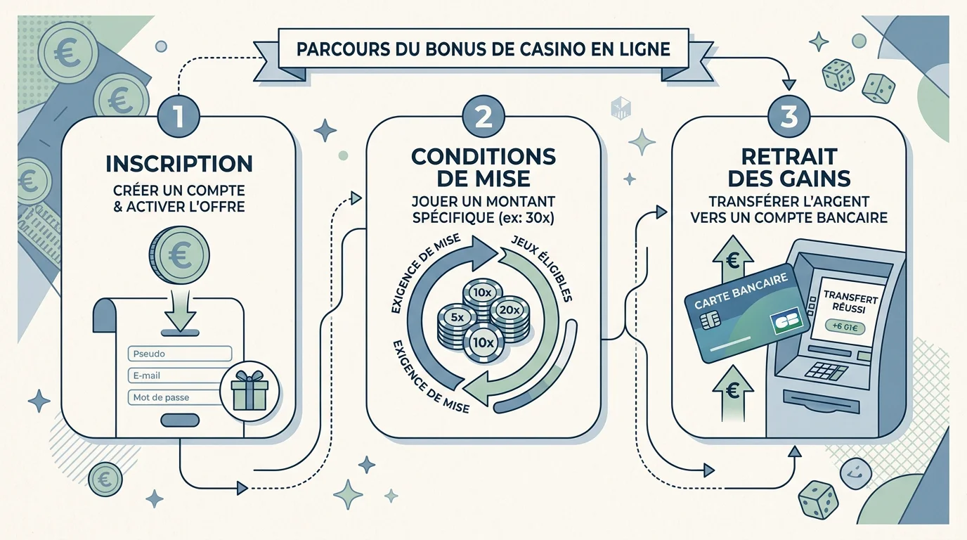 Schéma des étapes bonus, wager et retrait dans un casino en direct