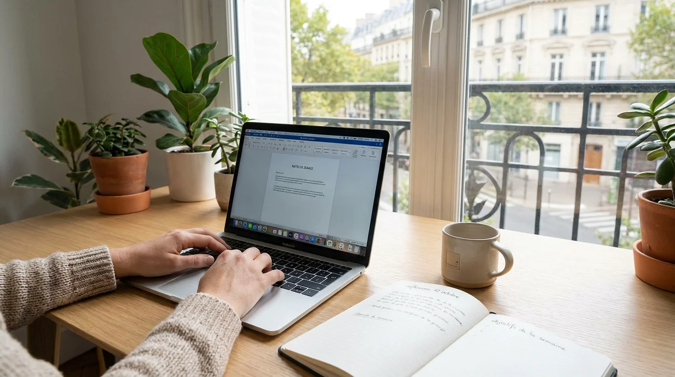 Thérapeute travaillant sur son ordinateur pour optimiser sa visibilité en ligne en France