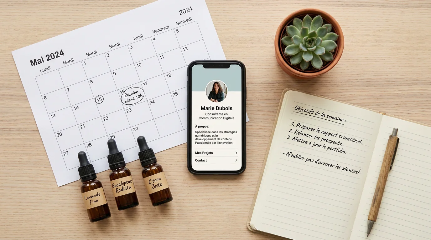 Outils de visibilité pour thérapeutes holistiques en France disposés sur un bureau