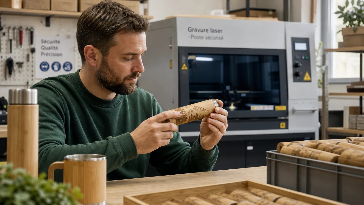 Vérification du marquage laser sur un objet publicitaire en bambou
