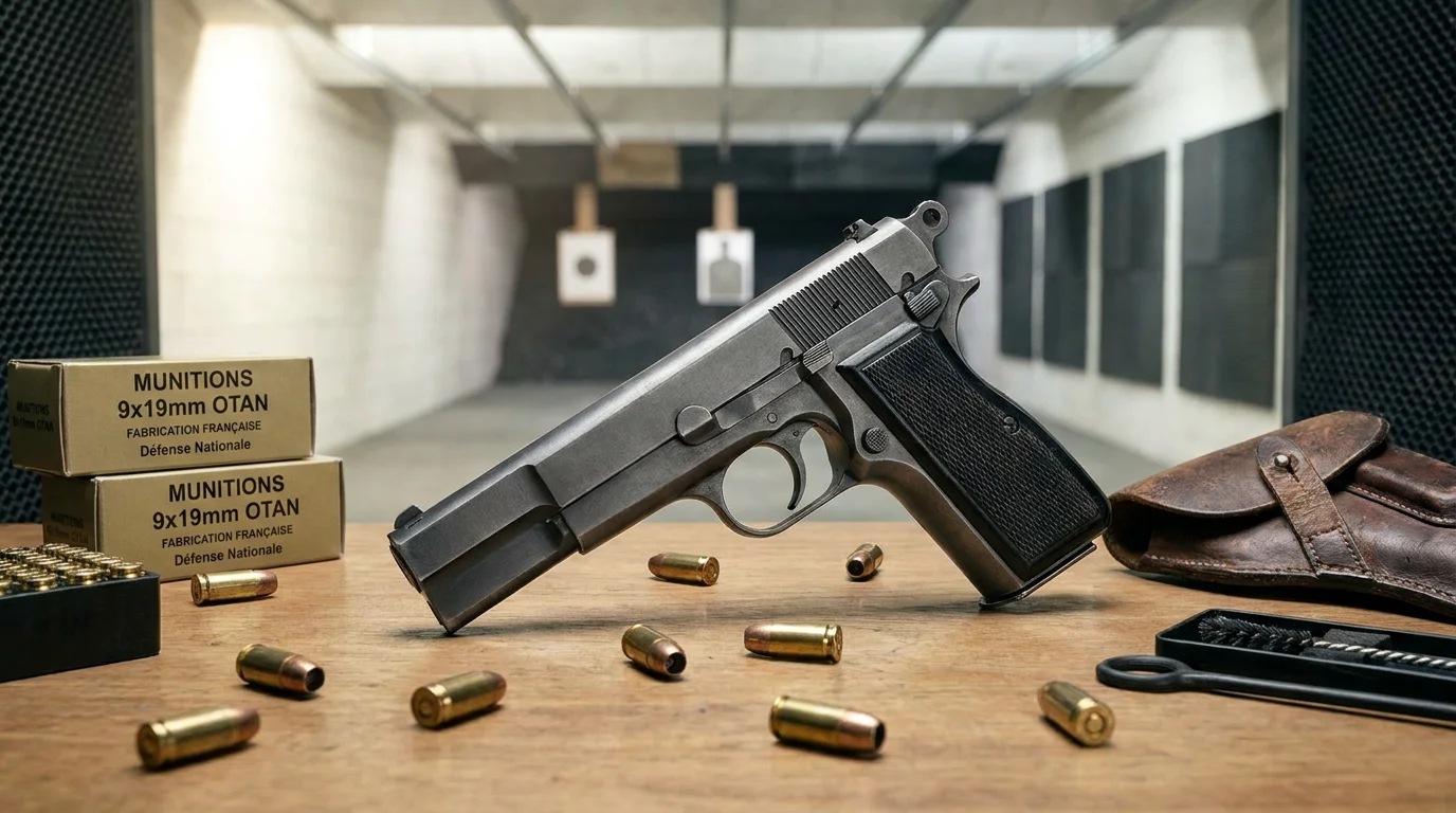 Pistolet semi-automatique de type militaire en 9 mm posé sur une table de stand de tir