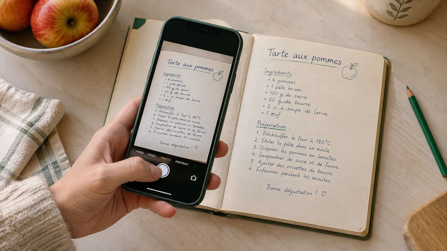 Photographie d’une recette manuscrite avec un téléphone, prête à être numérisée