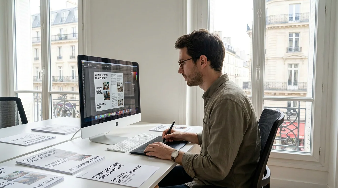 Alternant graphiste travaillant sur un projet de design à son poste de travail en France