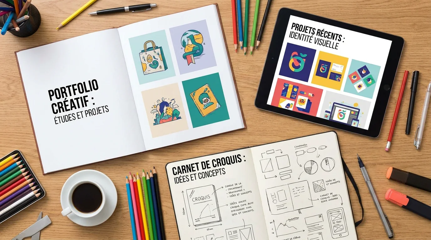 Portfolio de graphiste et outils créatifs disposés sur un bureau pour préparer une candidature en alternance