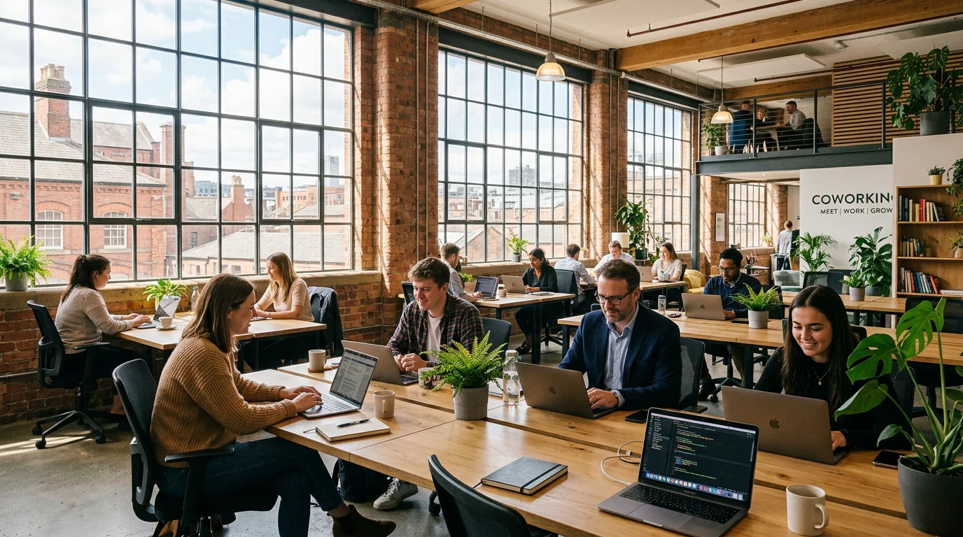 Professionals working in a bright modern UK coworking space with natural light