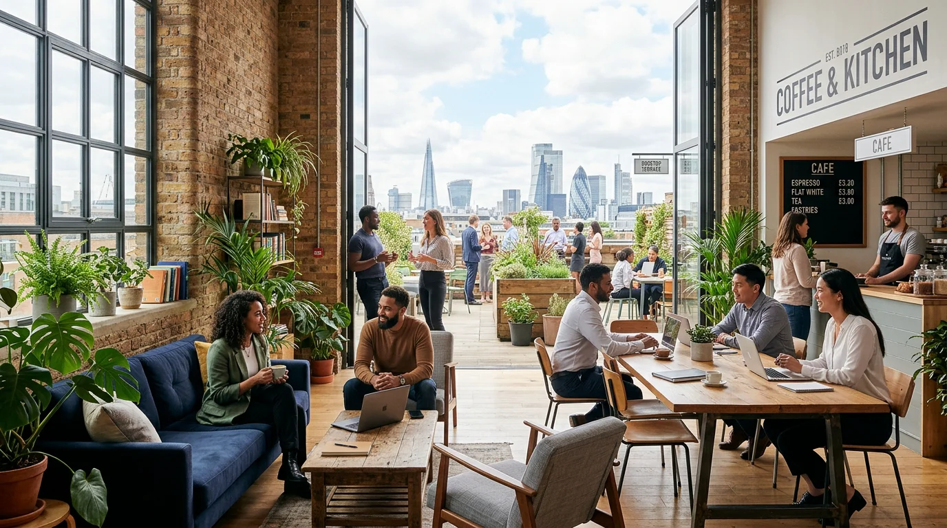 Coworking lounge and rooftop terrace where professionals network in a UK workspace