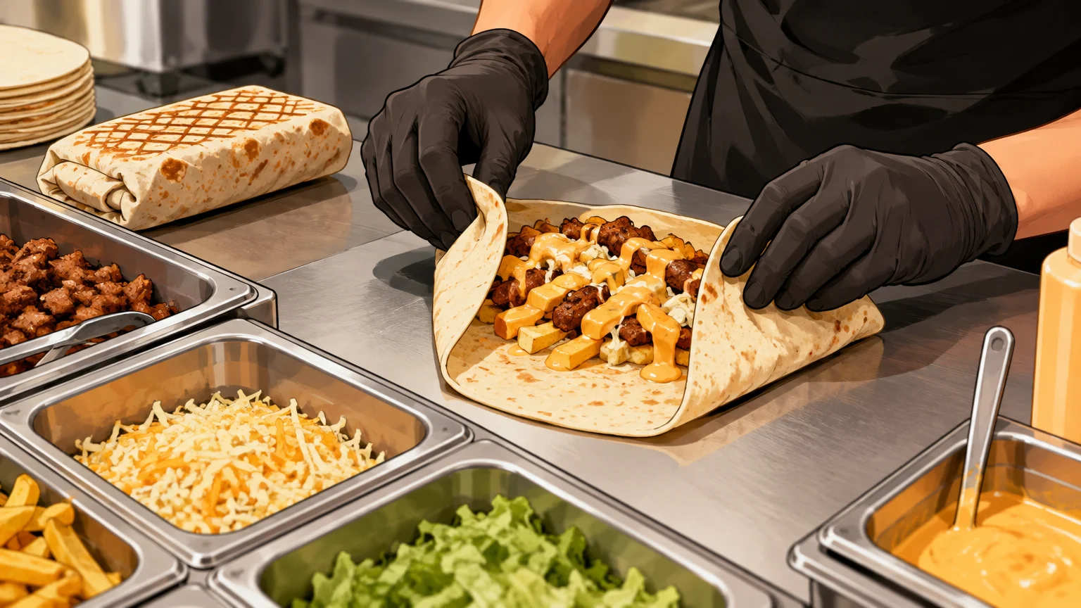 Préparation d’un tacos personnalisé avec galette, garnitures et sauce