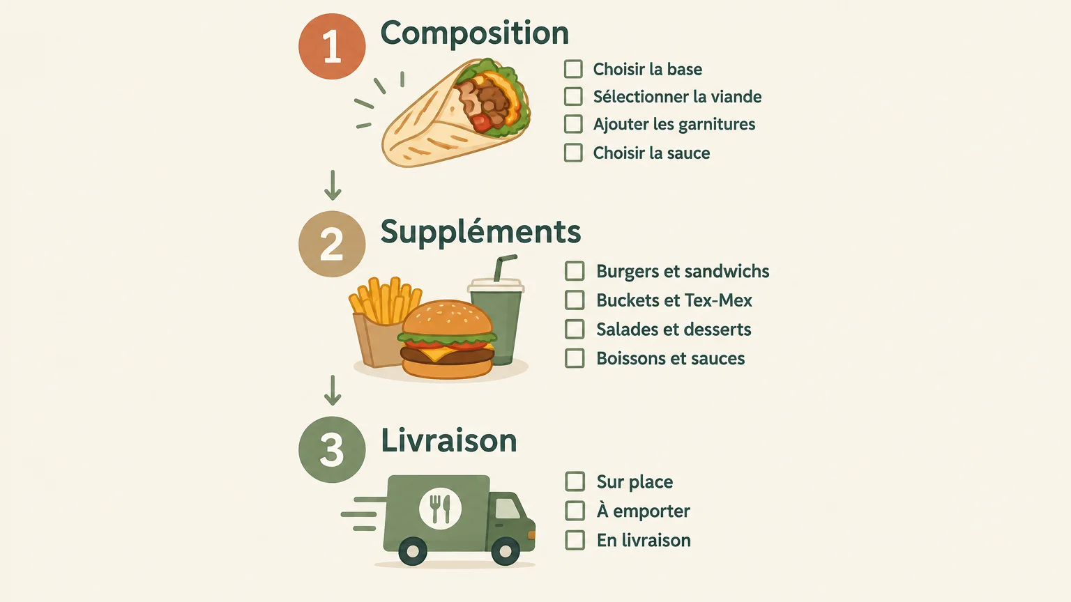 Checklist pour vérifier la composition, les suppléments et la livraison