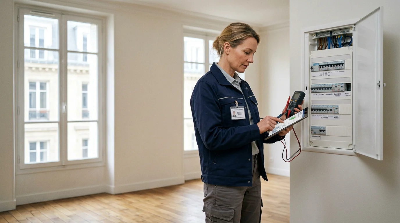 Diagnostiqueur immobilier inspectant un tableau électrique dans un logement