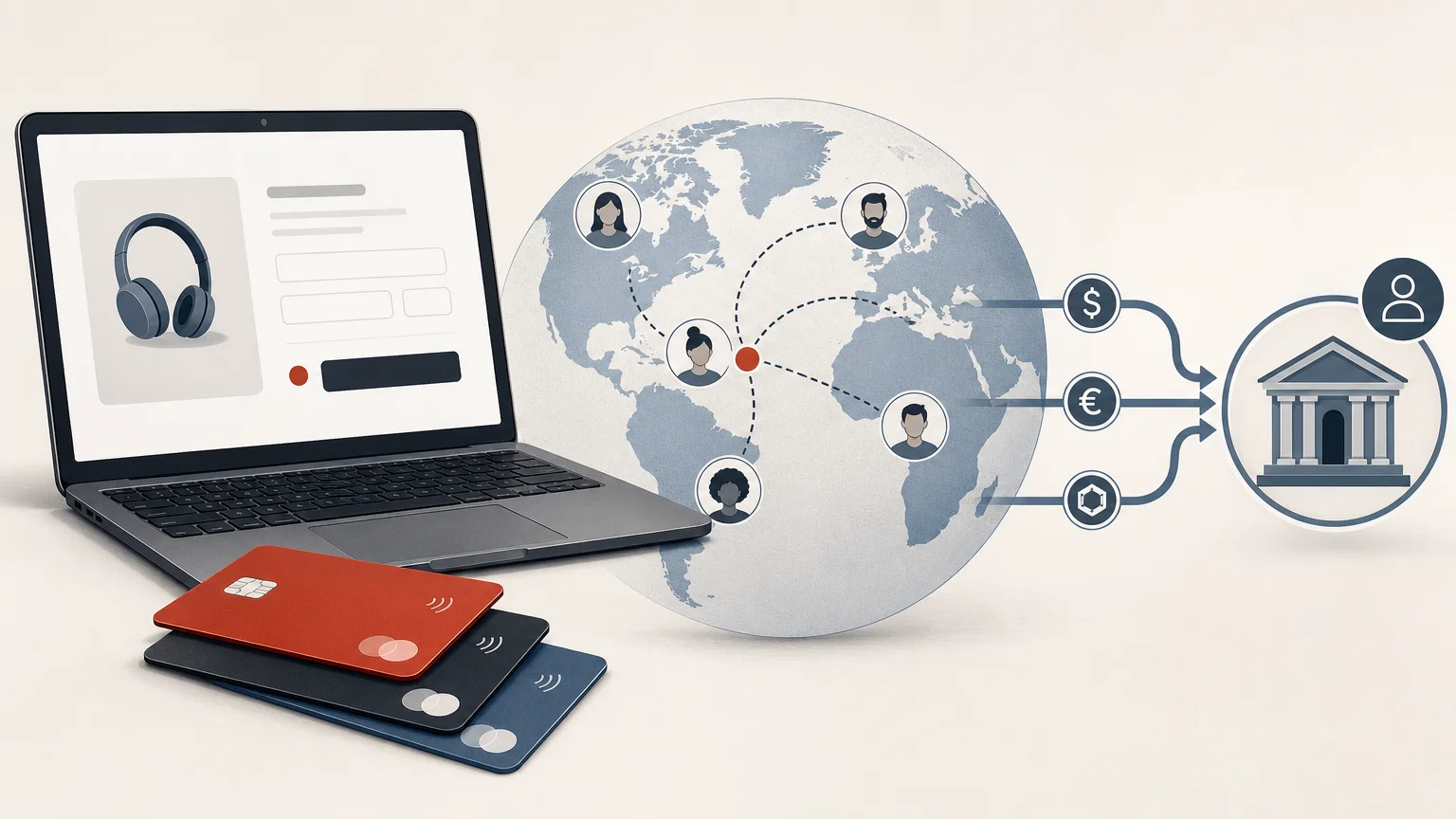 Editorial illustration of global payment processing for a digital business owner living abroad