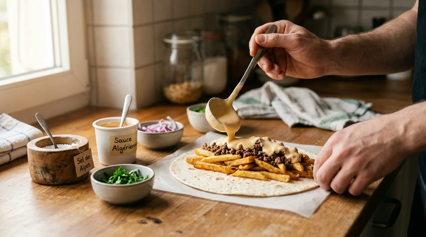 Montage d'un tacos français maison avec frites, viande et sauce fromagère