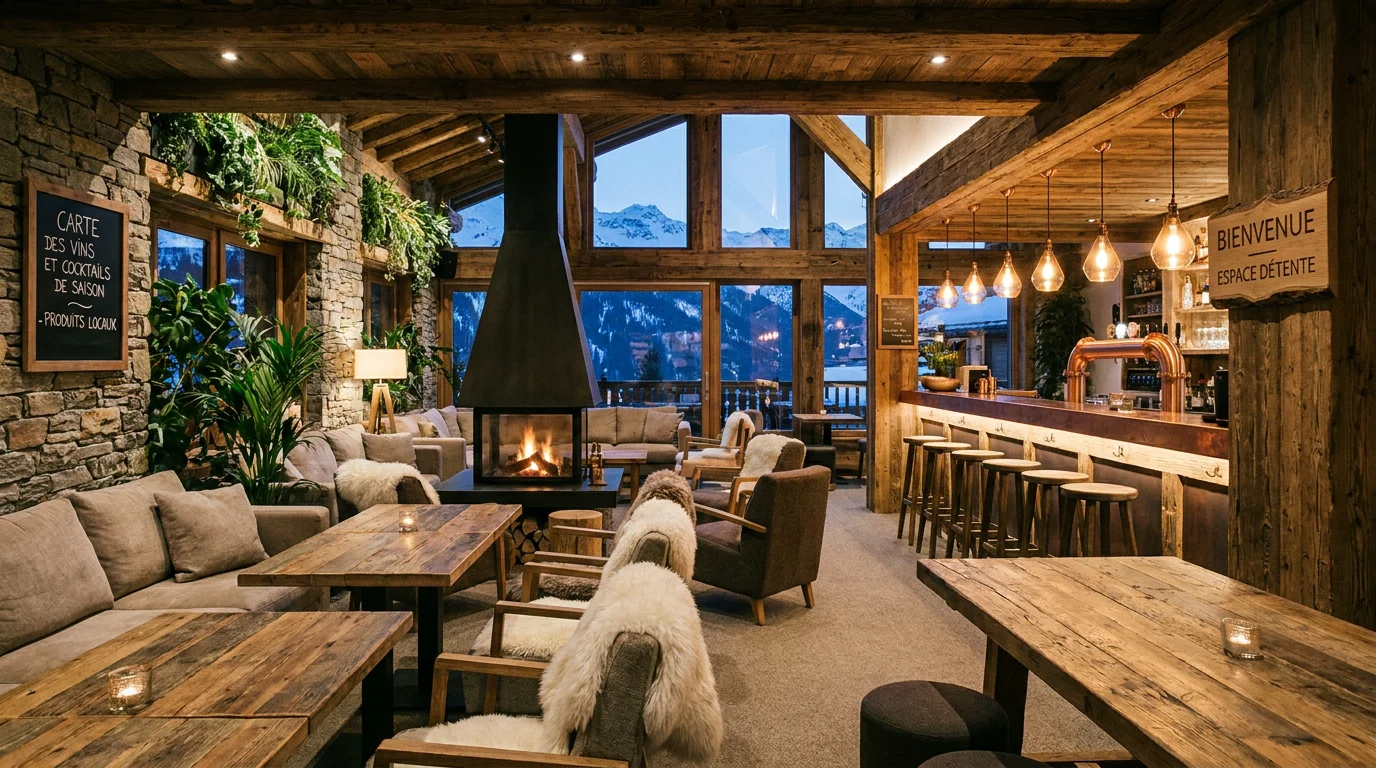 Intérieur d'un restaurant bar lounge moderne avec ambiance cosy et décor boisé