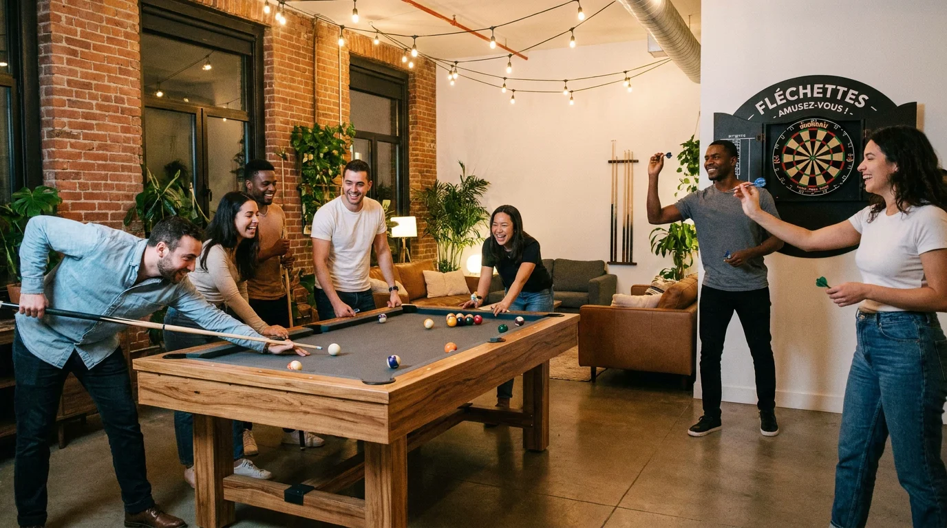 Groupe d'amis profitant d'activités de loisirs en intérieur dans un espace convivial