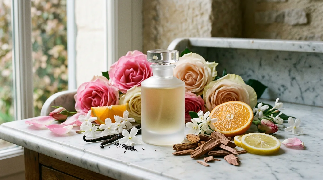 Flacon de parfum entouré de matières premières naturelles sur un plan de marbre
