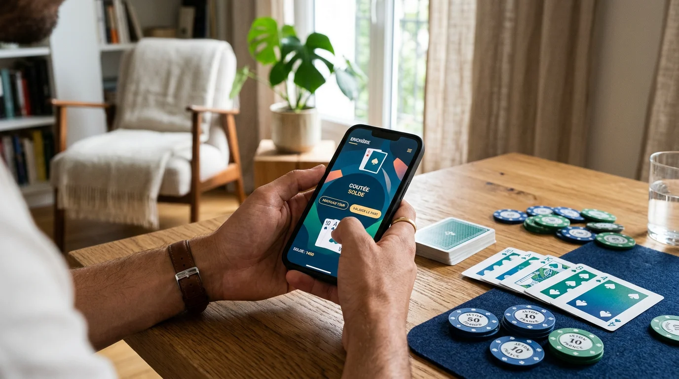 Personne jouant au blackjack sur smartphone à côté de cartes et de jetons