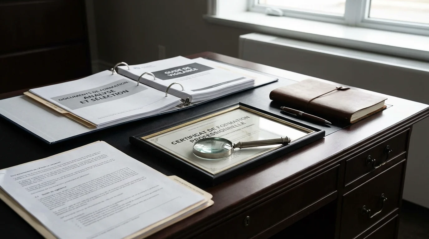 Documents et loupe symbolisant la vigilance dans le choix d'une formation thérapeute holistique