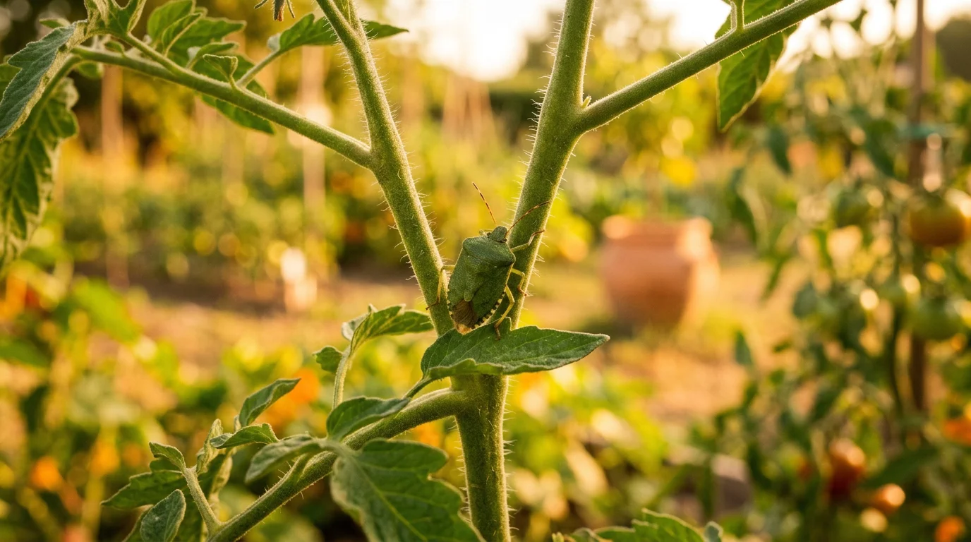 Punaise verte posée sur un plant de tomate au potager