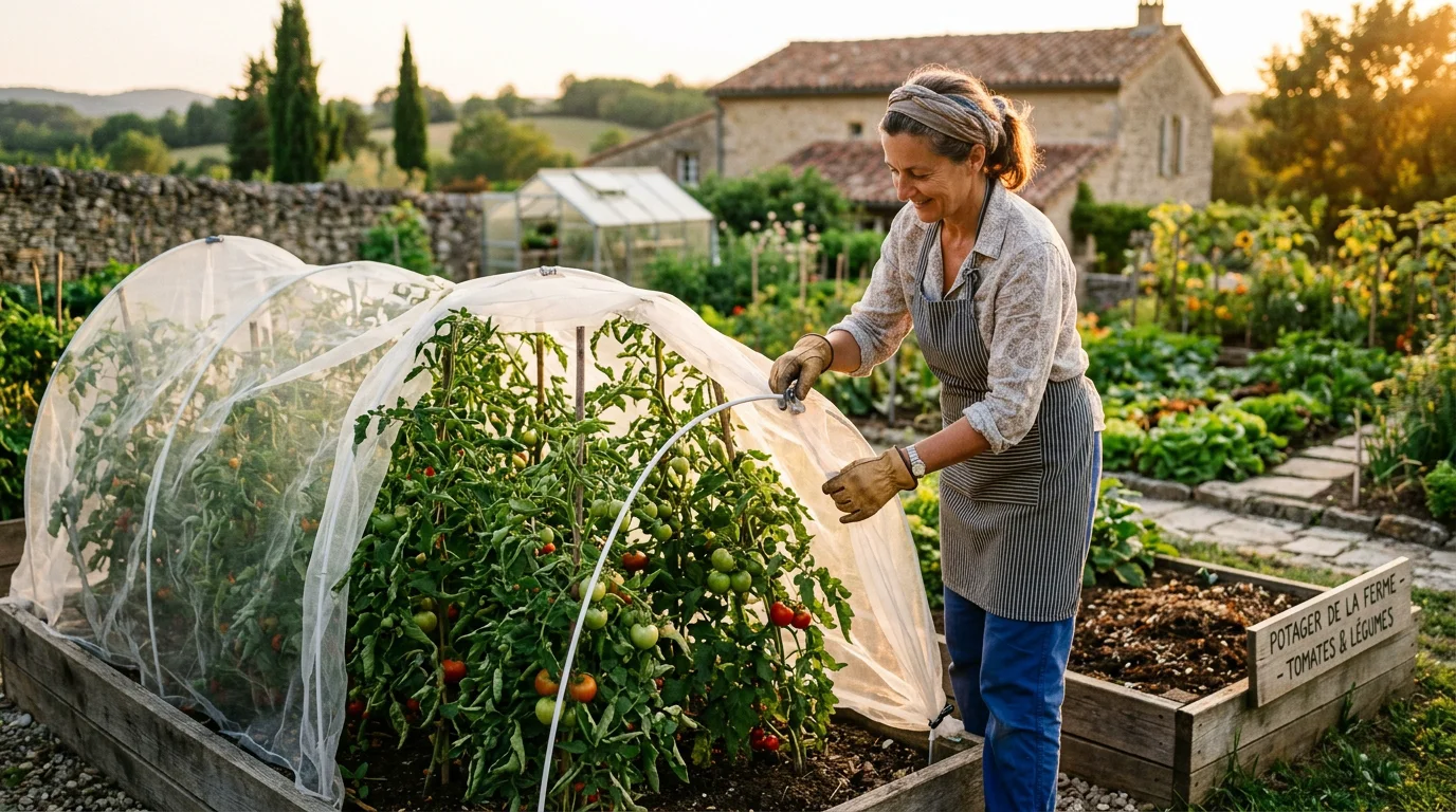 Jardinier installant un filet de protection sur des plants de tomates