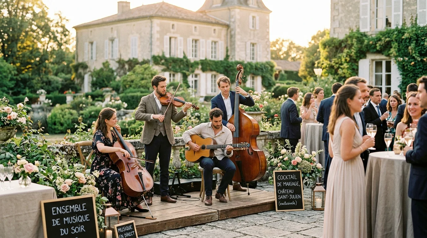 Groupe de musique jouant lors d'un cocktail de mariage dans un domaine français