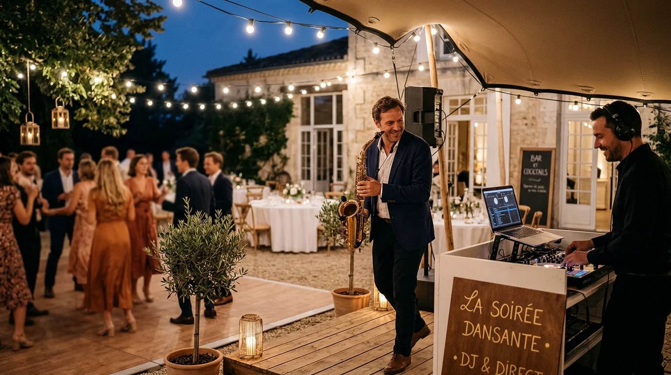 Transition entre un saxophoniste et un DJ lors d'une soirée de mariage