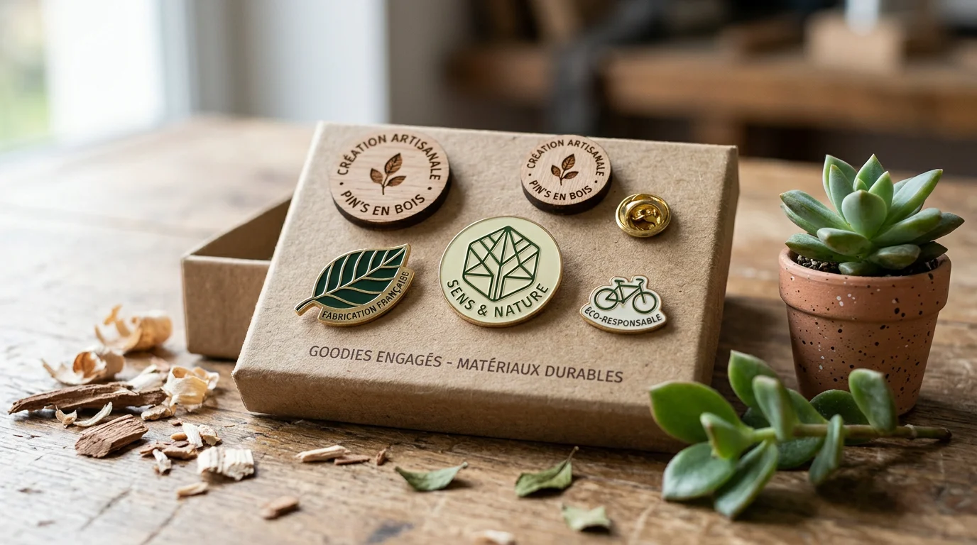 Pin's personnalisés éco-conçus en émail et en bois sur un emballage recyclé