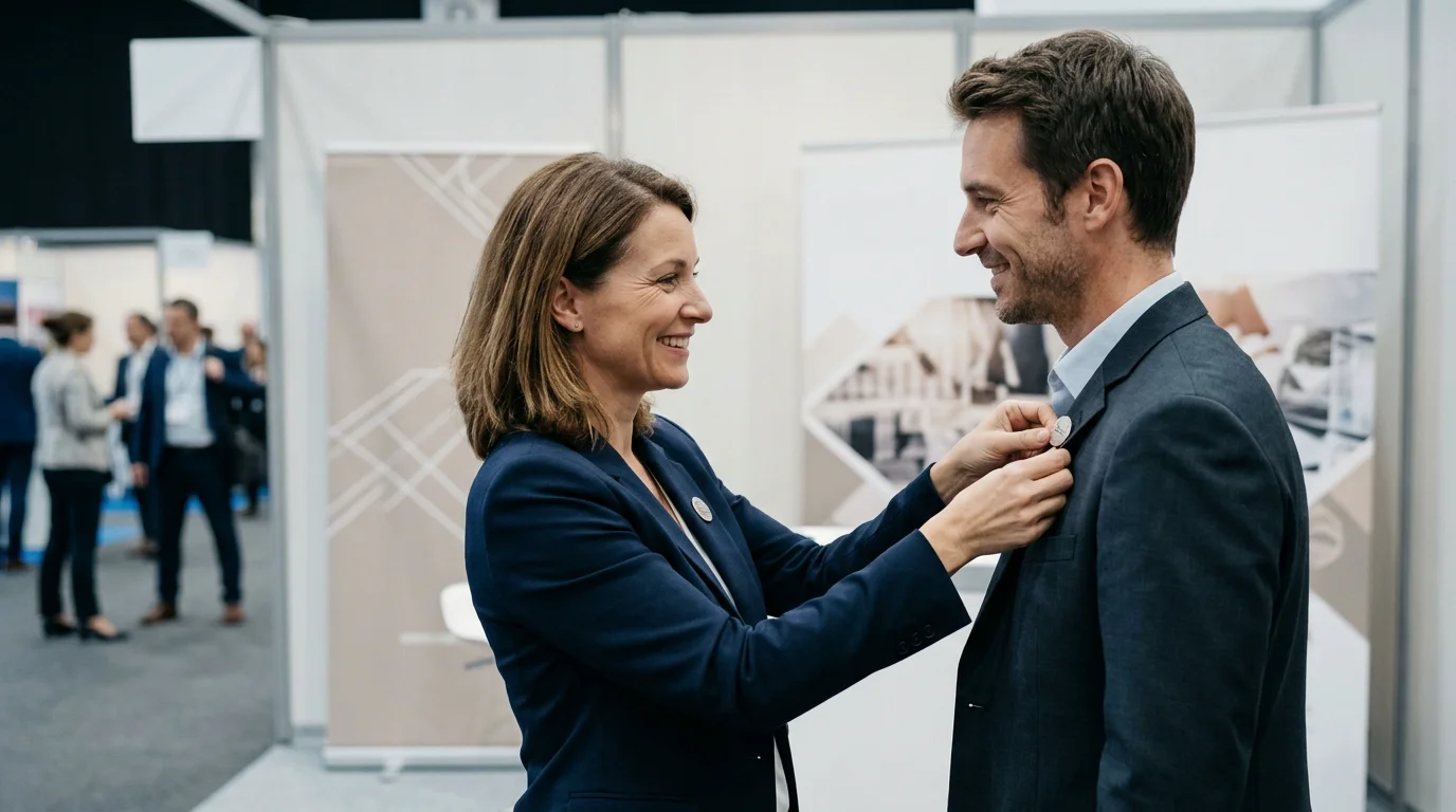 Remise d'un pin's personnalisé à un visiteur sur un stand de salon professionnel