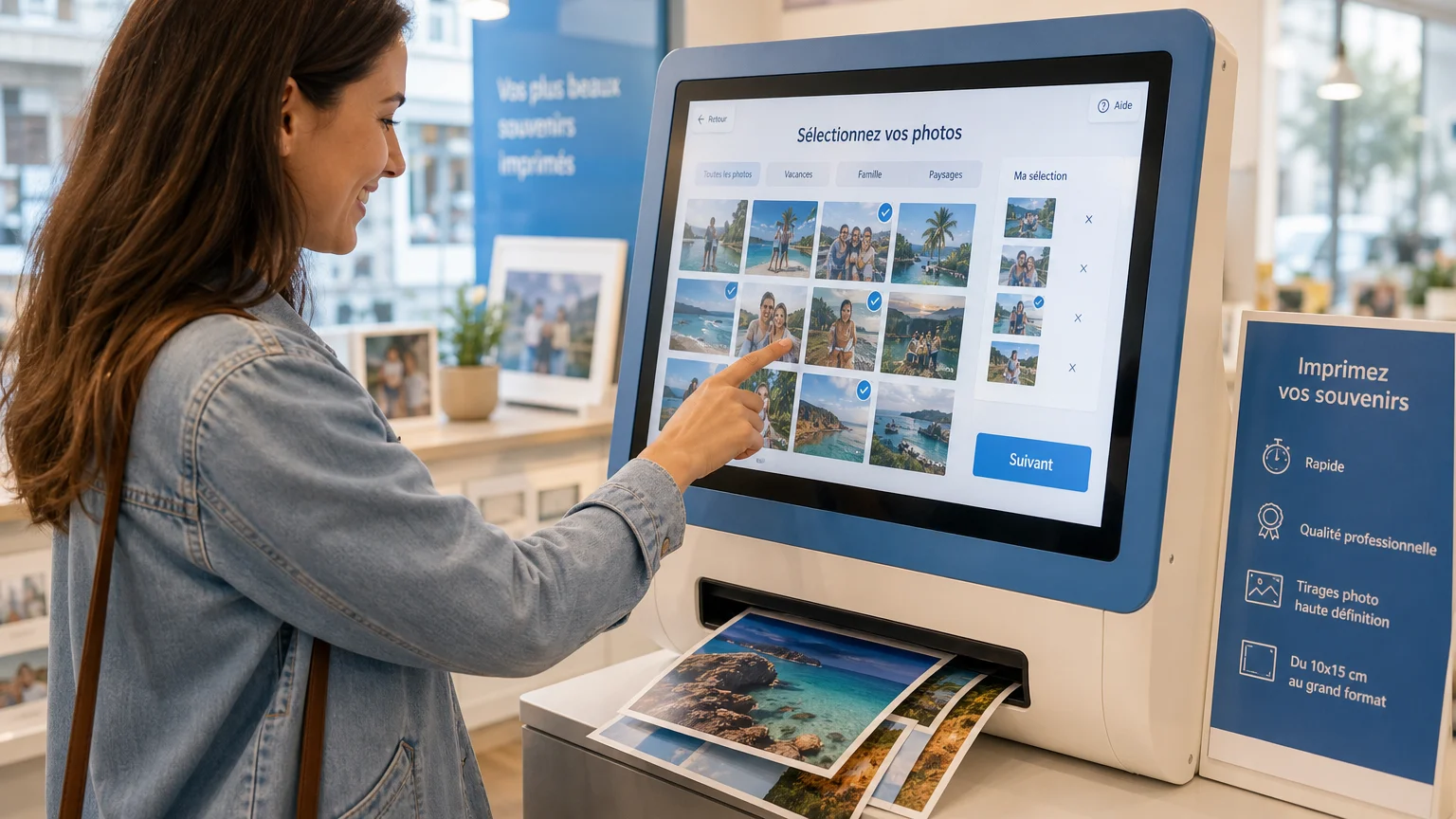Personne imprimant ses photos de vacances sur une borne en magasin
